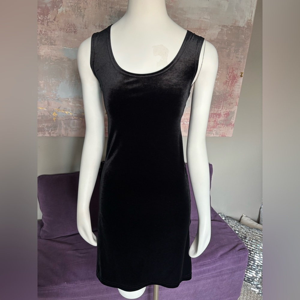 Vintage Jones New York Black Sleeveless Scoop Neck Velvet Sheath Mini Dress Med